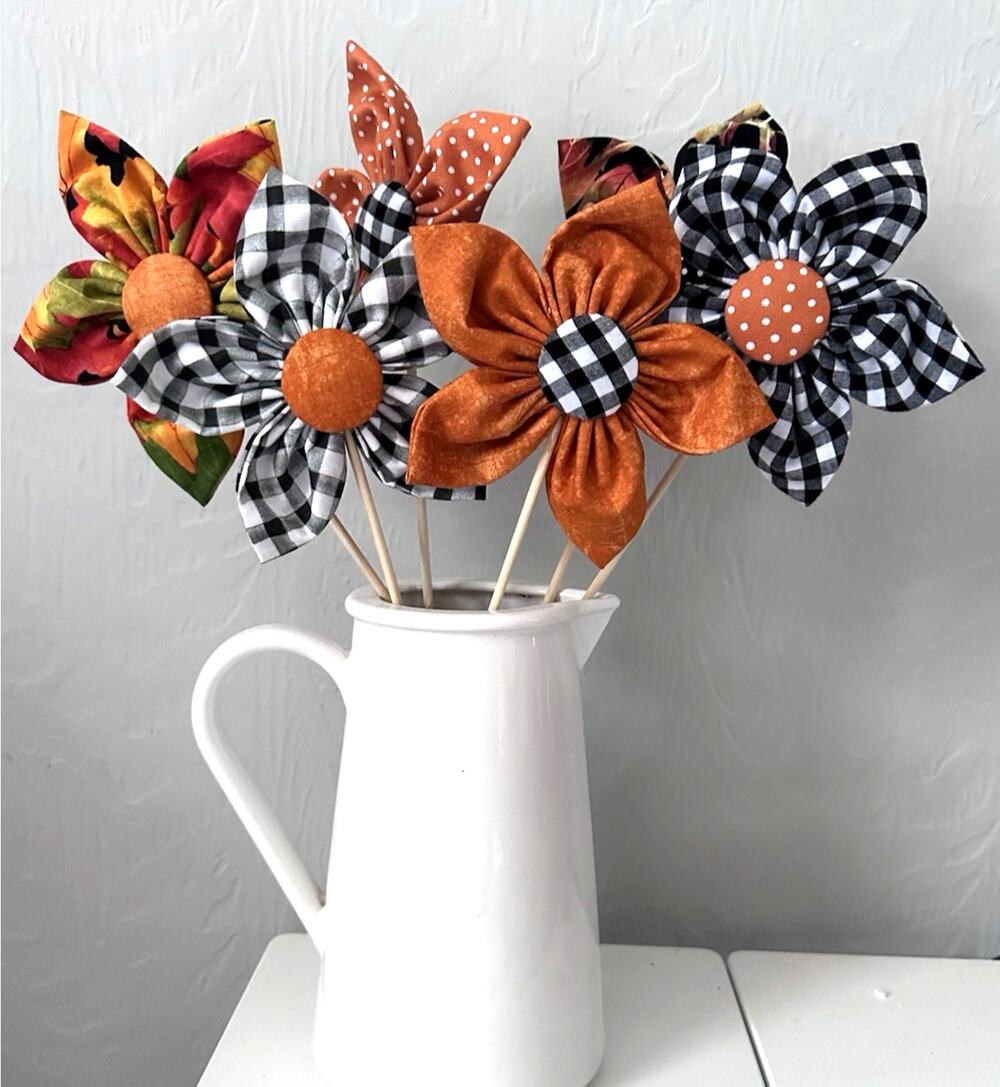 Set of 6 Fall Themed Fabric Flower Spikes Decor Handmade Orange Black Yellow